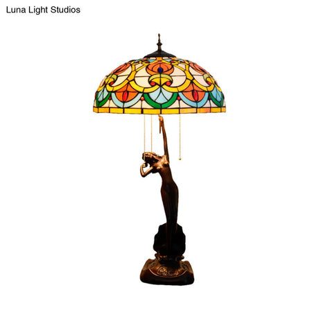 Victorian Style Glass Bowl Night Light In Orange/Yellow With Pull Chain And Girl Base - Black Table