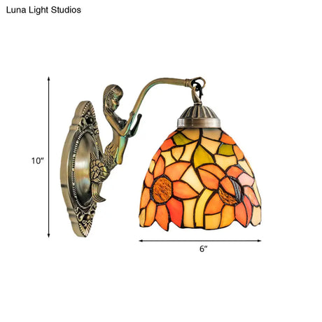 Victorian Sunflower/Floral Wall Sconce: Cut Glass Beige/Orange Bowl With Mermaid Arm