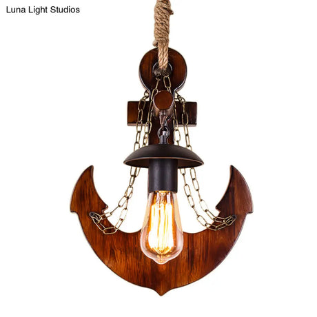 Vintage 1-Head Black Metal Wall Sconce With Wooden Anchor Decoration For Dining Room