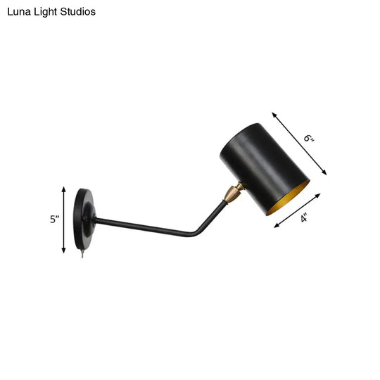 Vintage 1-Light Wall Mount Iron Sconce Lamp In Black With Cylinder Shade - Ideal For Study Room