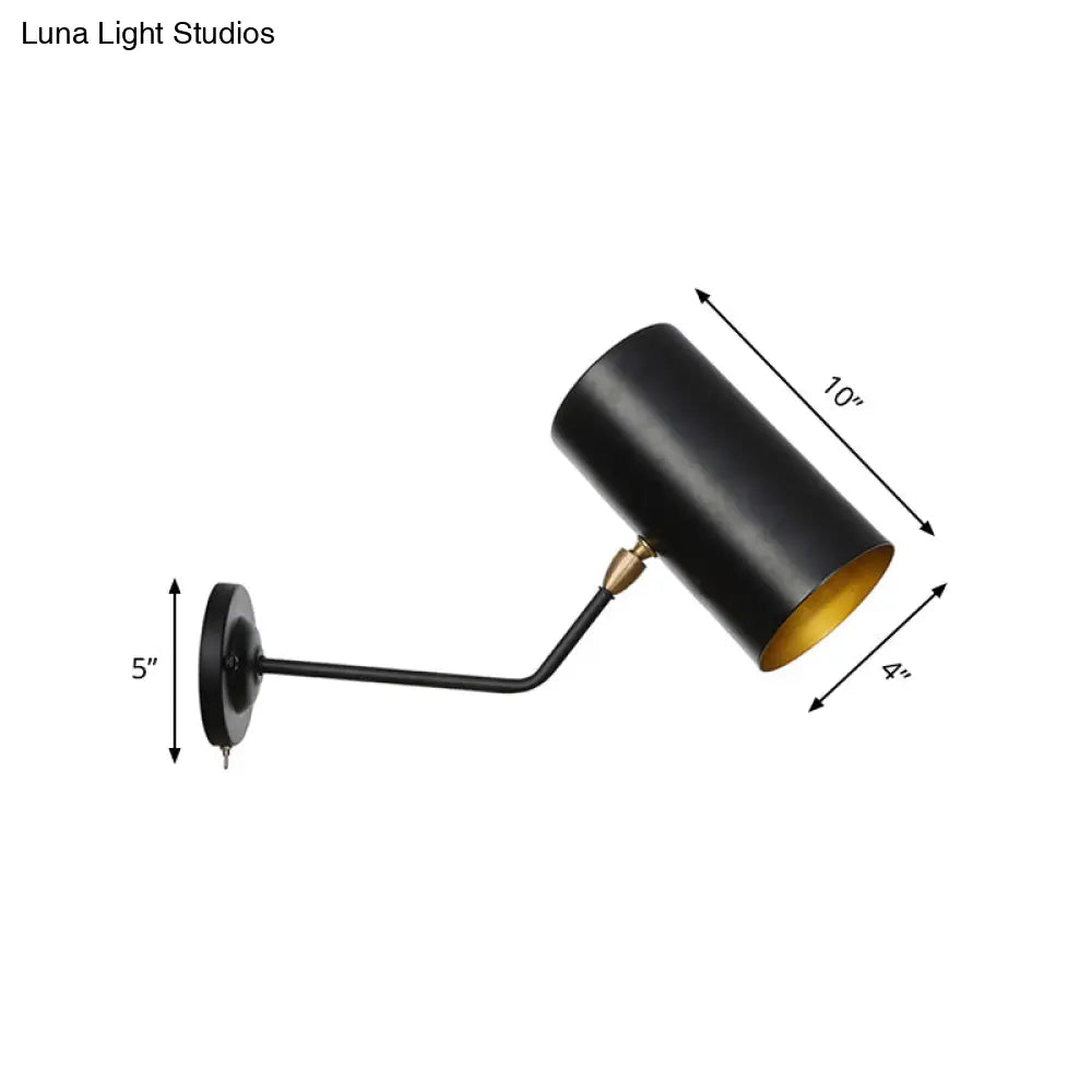 Vintage 1-Light Wall Mount Iron Sconce Lamp In Black With Cylinder Shade - Ideal For Study Room