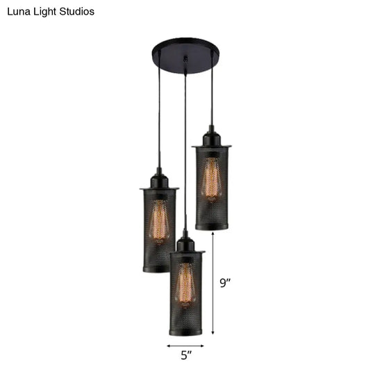 Vintage 3/8 Bulbs Pendant Light With Metal Mesh Shade - Stylish Kitchen Ceiling Fixture In Black