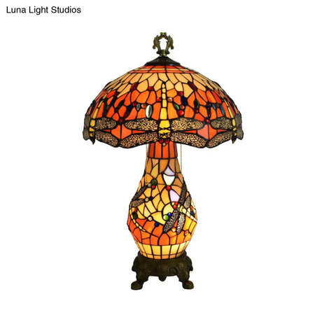Vintage 3-Bulb Mushroom Nightstand Lamp - Orange Stained Glass Table Light With Dragonfly Pattern