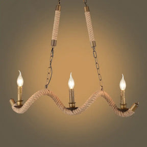 Vintage 3-Head Island Pendant Light: Candlestick Iron Ceiling Fixture With Hemp Rope - Flaxen Finish