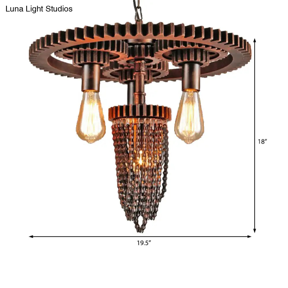 Vintage 3-Head Metal Gear Hanging Chandelier - Rustic Restaurant Ceiling Pendant