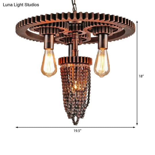 Vintage 3-Head Metal Gear Hanging Chandelier - Rustic Restaurant Ceiling Pendant