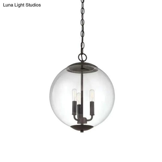 Vintage 3-Light Pendant With Clear Glass Globe Shade - Black/Chrome/Gold Perfect For Dining Room