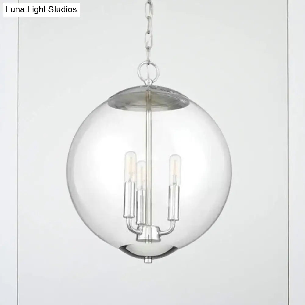 Vintage 3-Light Pendant Chandelier With Clear Glass Globe Shade For Dining Room - Black/Chrome/Gold