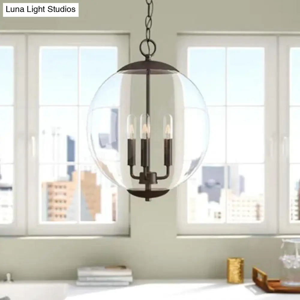 Vintage 3-Light Pendant Chandelier With Clear Glass Globe Shade For Dining Room - Black/Chrome/Gold