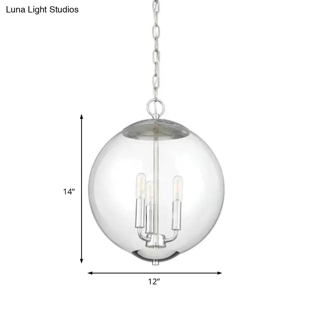 Vintage 3-Light Pendant Chandelier With Clear Glass Globe Shade For Dining Room - Black/Chrome/Gold