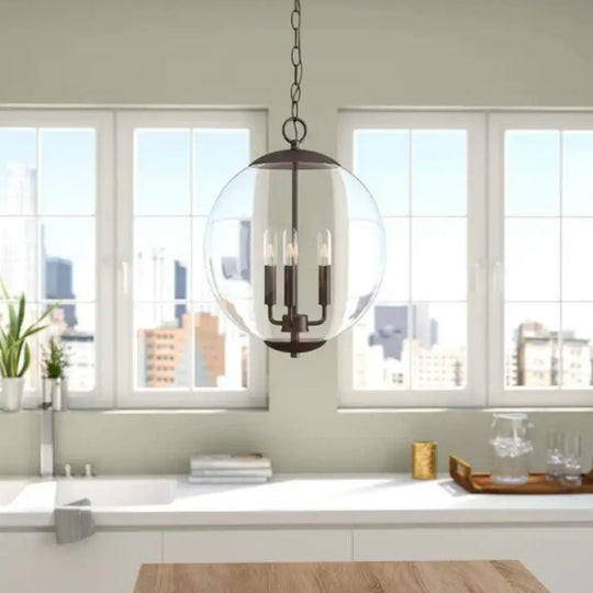Vintage 3-Light Pendant With Clear Glass Globe Shade - Black/Chrome/Gold Perfect For Dining Room