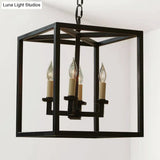Vintage 4-Light Cubic Chandelier With Cage Shade - Small Black Metal Hanging Lamp For Bathroom