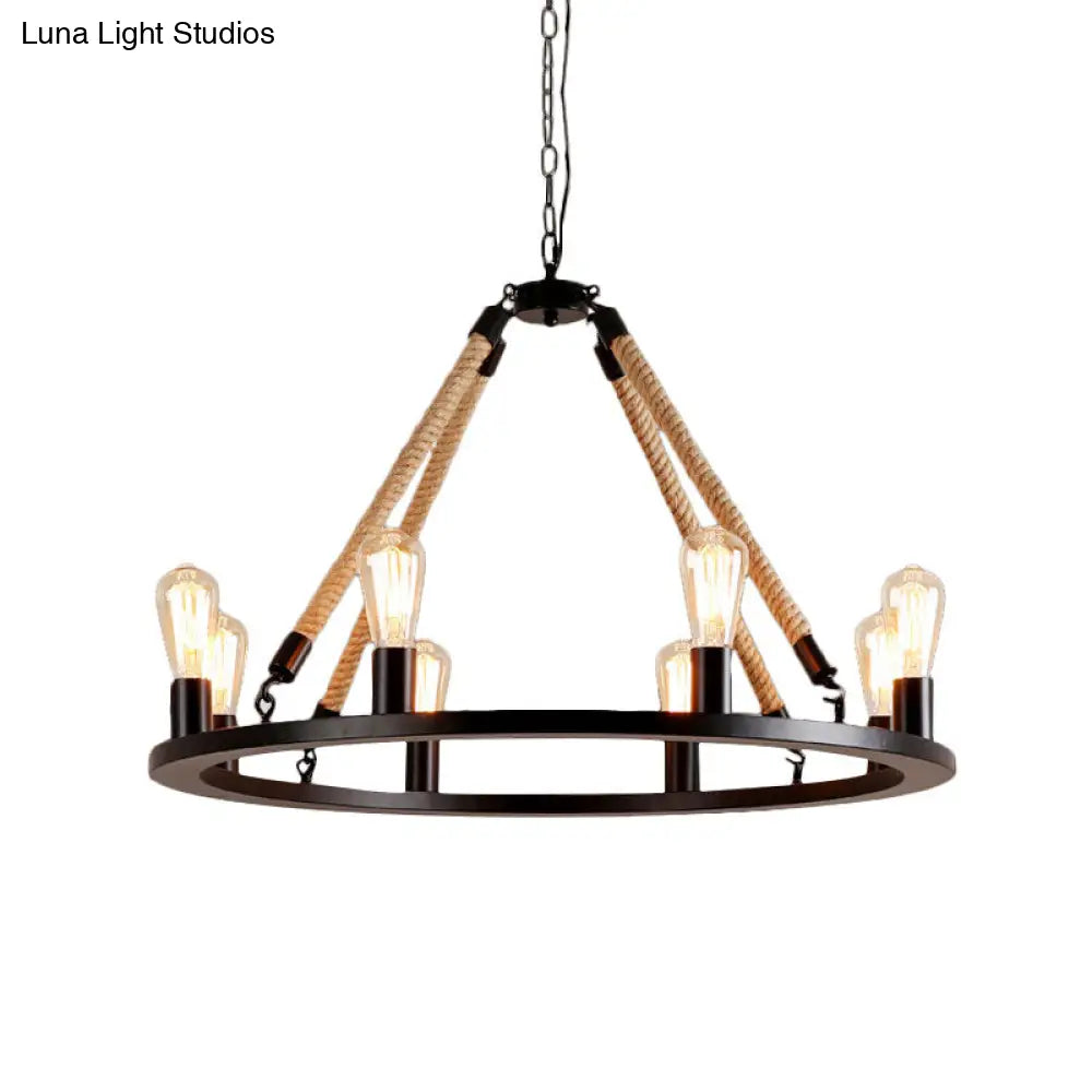 Vintage 6/8-Light Metallic Circular Hanging Lamp In Brown With Exposed Bulb & Rope Suspension For