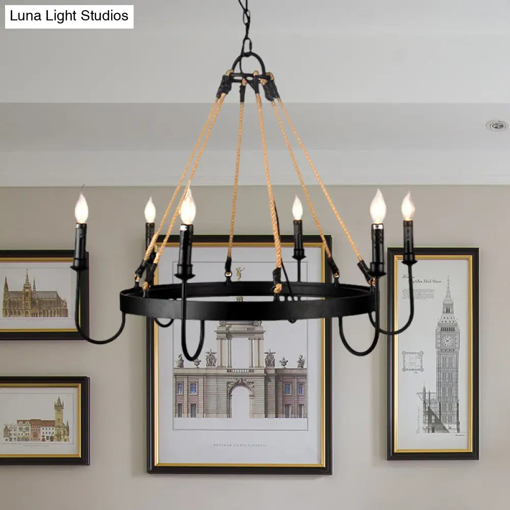 Vintage 6-Head Candle Chandelier Pendant Lamp In Black/Rust For Restaurants