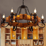 Vintage 6-Light Candle Chandelier With Clear Glass And Wooden Backplate Black