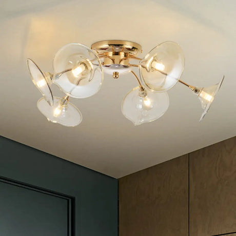 Vintage 6 - Light Ceiling Lamp With Metal Brass Branchlet Design And Flare Green/Cognac Glass Shade