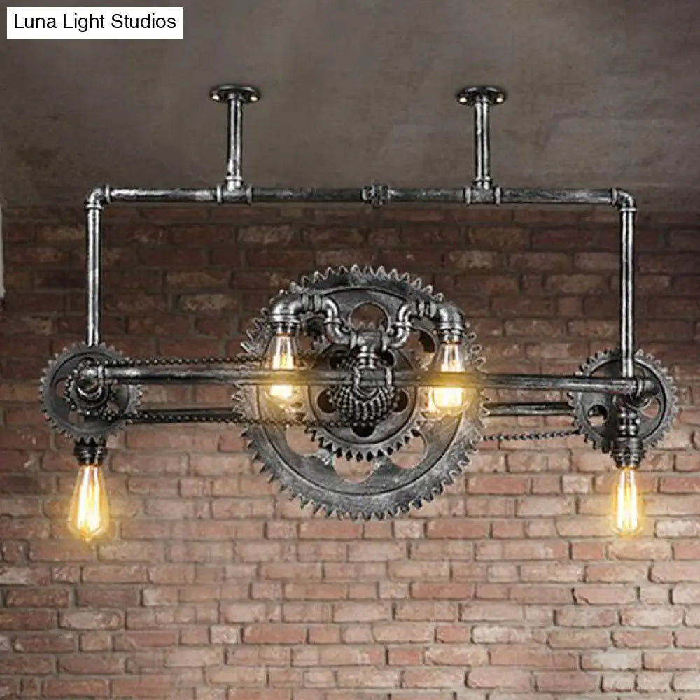 Vintage 6-Light Black Metallic Hanging Island Lamp - Restaurant Lighting Fixture With Bike-Like
