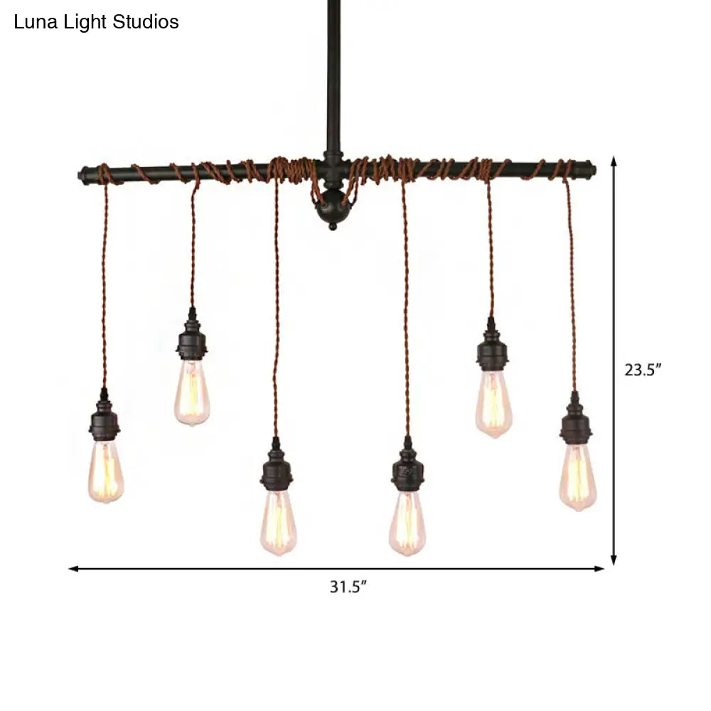 Vintage 6-Light Tubing Pendant Lamp Black Finish With Hanging Bulb - Indoor Ceiling Light Fixture
