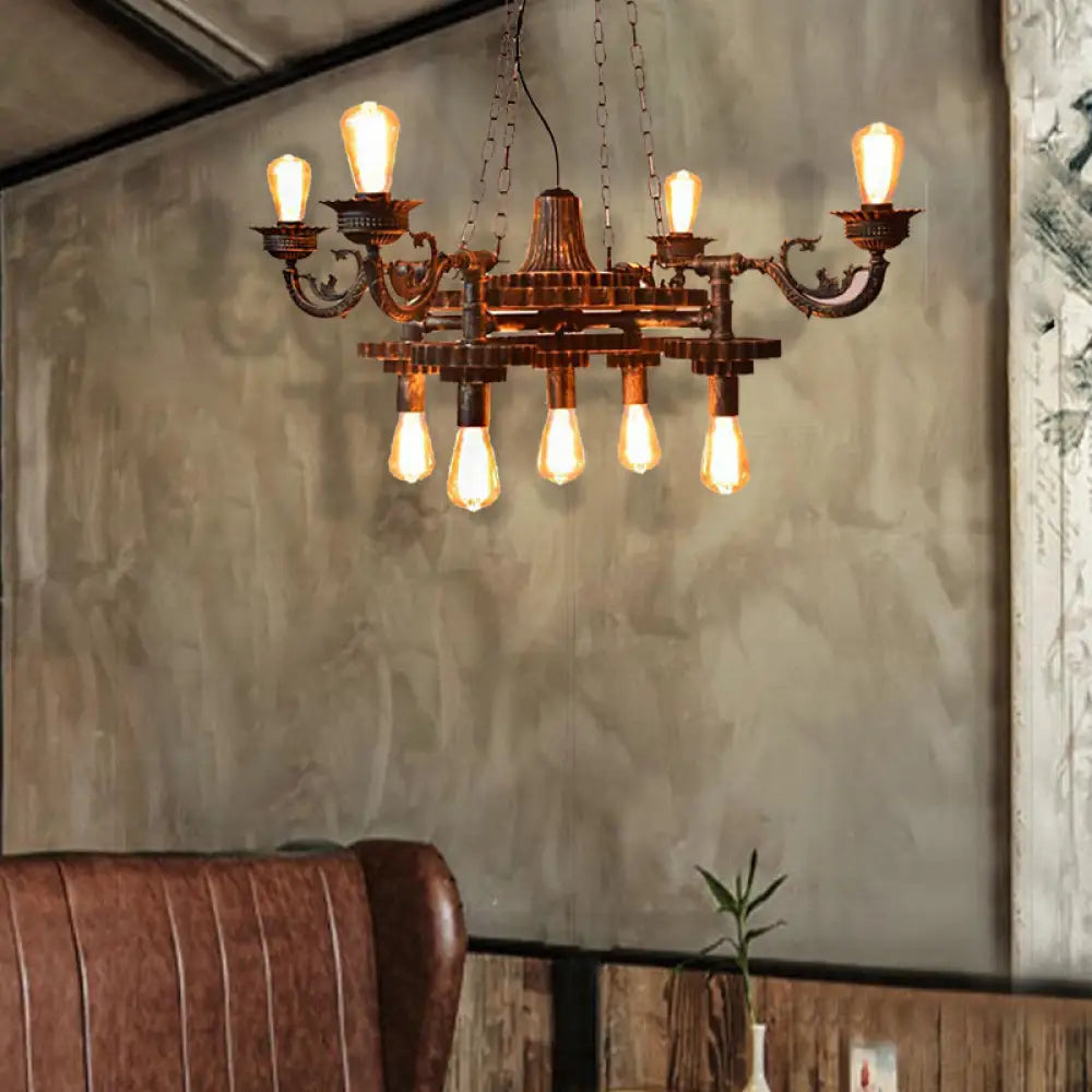 Vintage 9-Light Bronze Chandelier With Exposed Bulbs For Dining Room