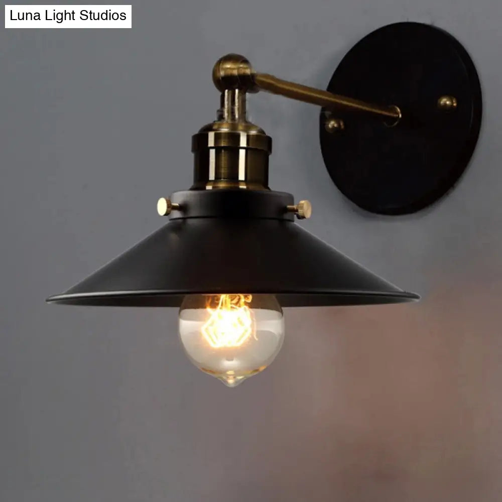 Vintage Adjustable Metal Wall Lamp With Flared Shade For Bedroom Reading - Black