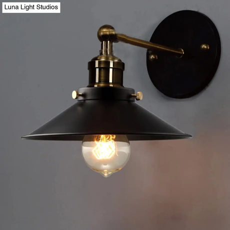 Vintage Adjustable Metal Wall Lamp With Flared Shade For Bedroom Reading - Black