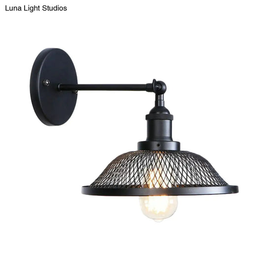 Vintage Adjustable Wall Lamp With Saucer Shade And Mesh Cage Design In Black
