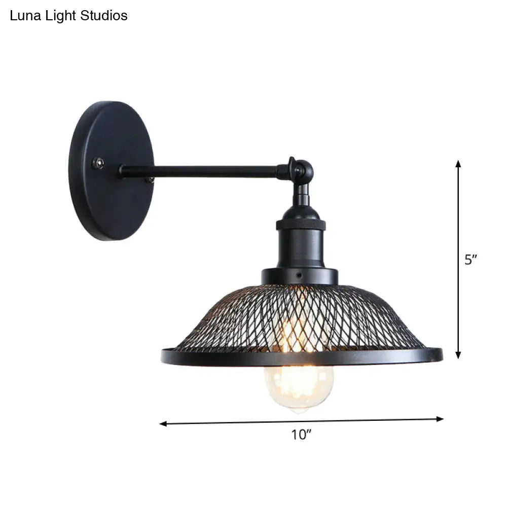 Vintage Adjustable Wall Lamp With Saucer Shade And Mesh Cage Design In Black
