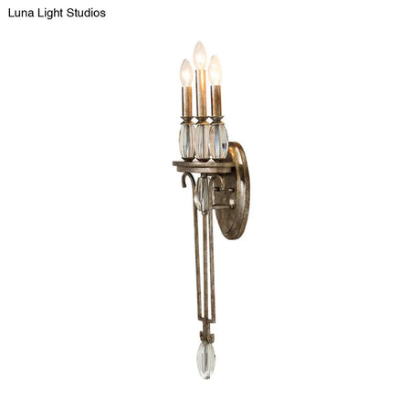 Vintage Aged Silver Candelabra Sconce With Crystal Drop - 3 Light Wall Mount Fixture