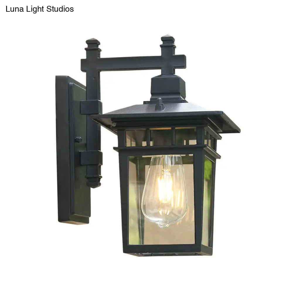 Vintage Aluminium Wall Sconce Lamp With Clear Glass Shade In Textured Black - Single-Bulb Lighting