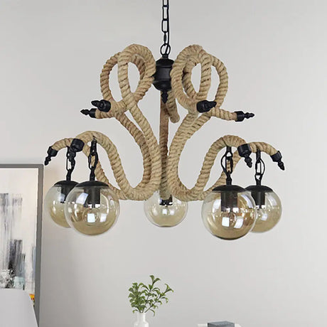 Vintage Amber Glass Ball Chandelier - 5-Light Pendant Lighting For Living Room With Rope Detail