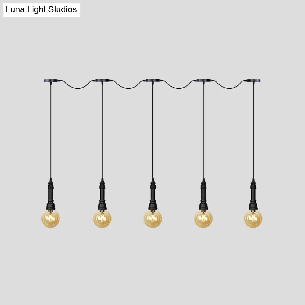 Vintage Amber Glass Ball Pendant Lamp In Black - Tandem Led Ceiling Light 3/5/7-Light Coffee House