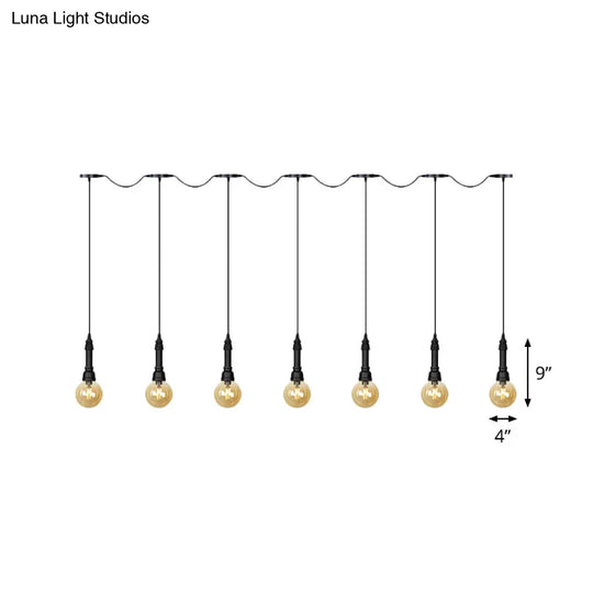 Vintage Amber Glass Ball Pendant Light - Tandem Led Ceiling Lamp In Black (3/5/7-Light)