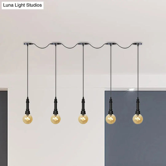 Vintage Amber Glass Ball Pendant Lamp In Black - Tandem Led Ceiling Light 3/5/7-Light Coffee House