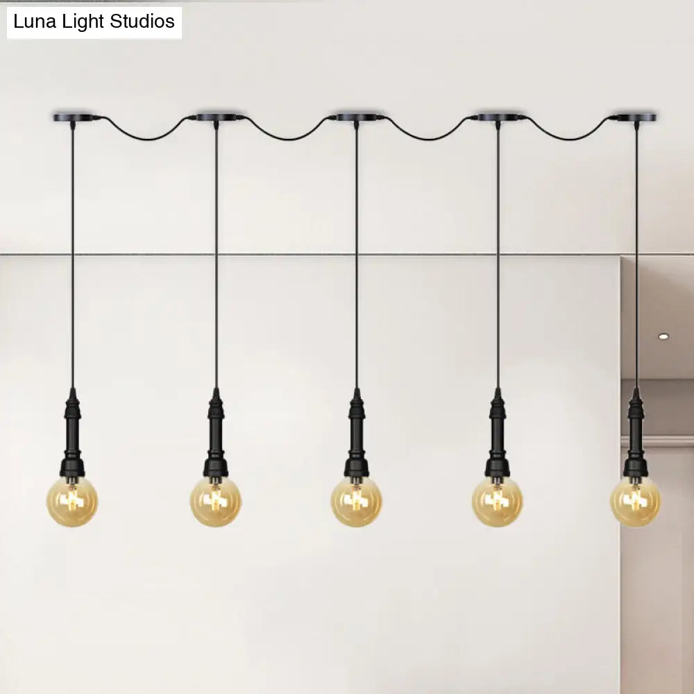 Vintage Amber Glass Ball Pendant Light - Tandem Led Ceiling Lamp In Black (3/5/7-Light) 5 /