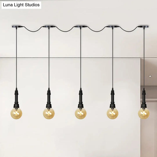 Vintage Amber Glass Ball Pendant Light - Tandem Led Ceiling Lamp In Black (3/5/7-Light) 5 /