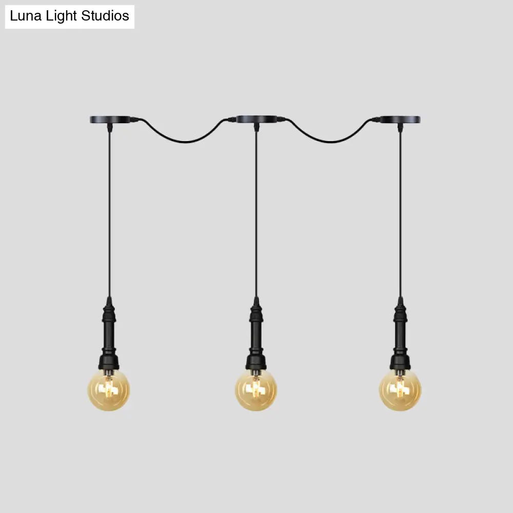 Vintage Amber Glass Ball Pendant Light - Tandem Led Ceiling Lamp In Black (3/5/7-Light)