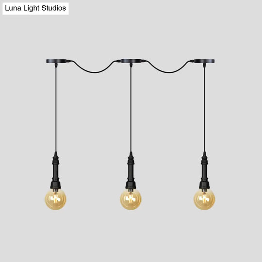 Vintage Amber Glass Ball Pendant Light - Tandem Led Ceiling Lamp In Black (3/5/7-Light)