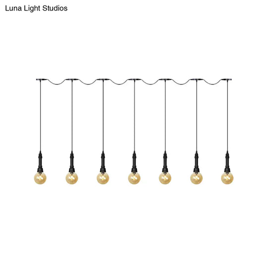 Vintage Amber Glass Ball Pendant Lamp In Black - Tandem Led Ceiling Light 3/5/7-Light Coffee House