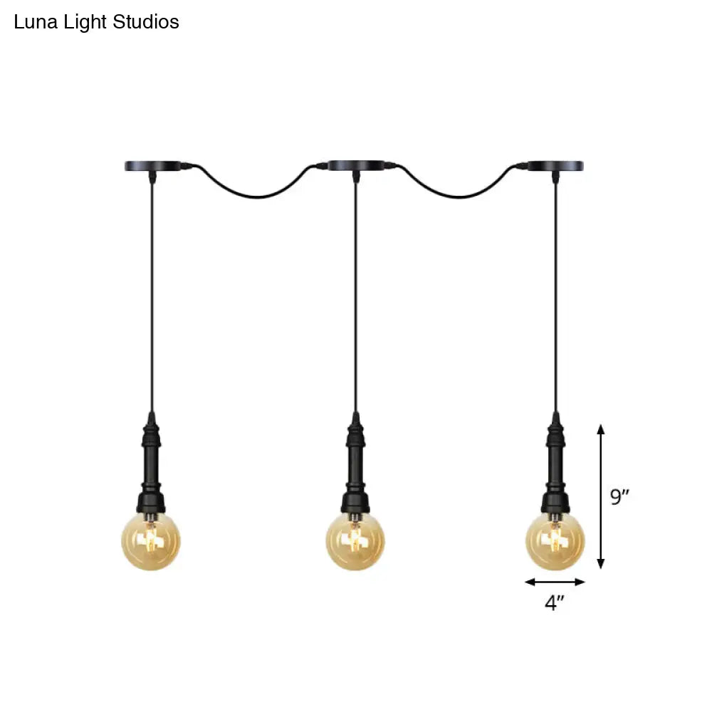 Vintage Amber Glass Ball Pendant Light - Tandem Led Ceiling Lamp In Black (3/5/7-Light)