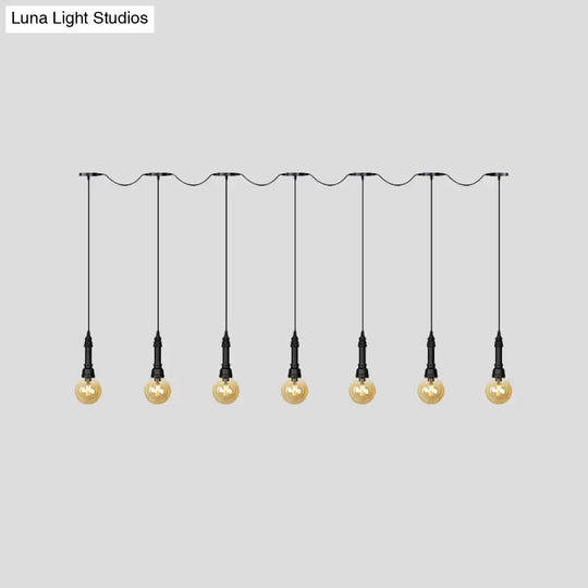 Vintage Amber Glass Ball Pendant Light - Tandem Led Ceiling Lamp In Black (3/5/7-Light)