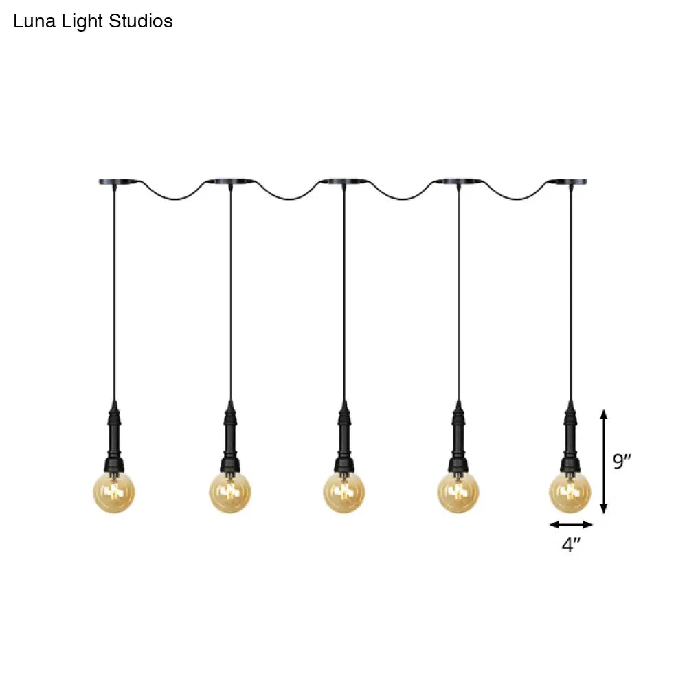 Vintage Amber Glass Ball Pendant Light - Tandem Led Ceiling Lamp In Black (3/5/7-Light)