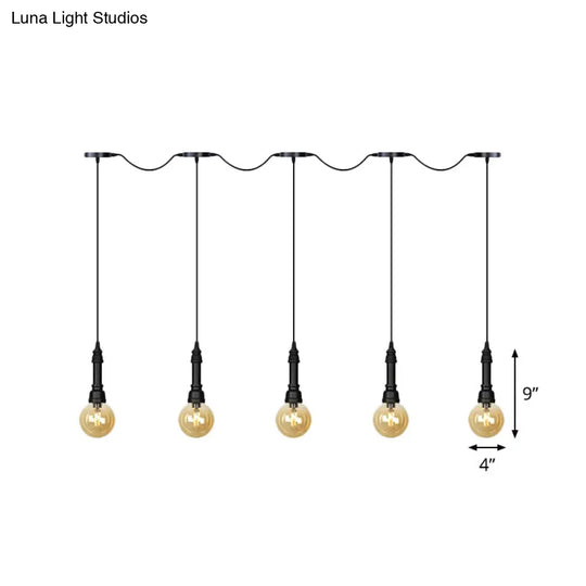Vintage Amber Glass Ball Pendant Light - Tandem Led Ceiling Lamp In Black (3/5/7-Light)