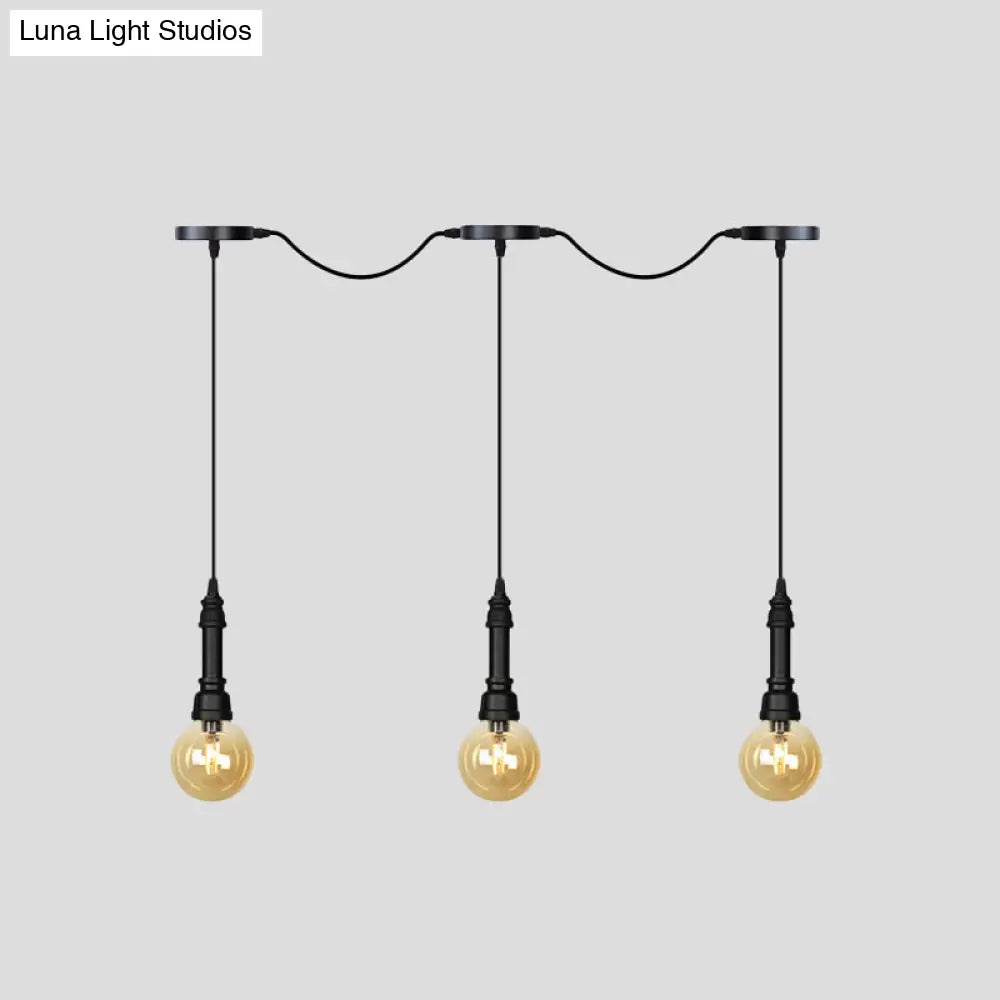 Vintage Amber Glass Ball Pendant Lamp In Black - Tandem Led Ceiling Light 3/5/7-Light Coffee House