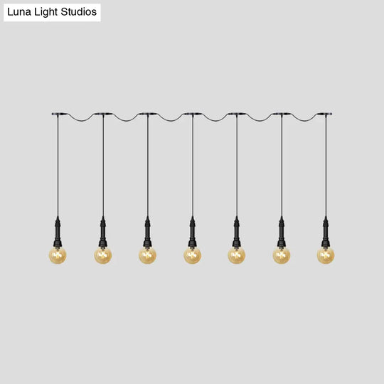 Vintage Amber Glass Ball Pendant Lamp In Black - Tandem Led Ceiling Light 3/5/7-Light Coffee House