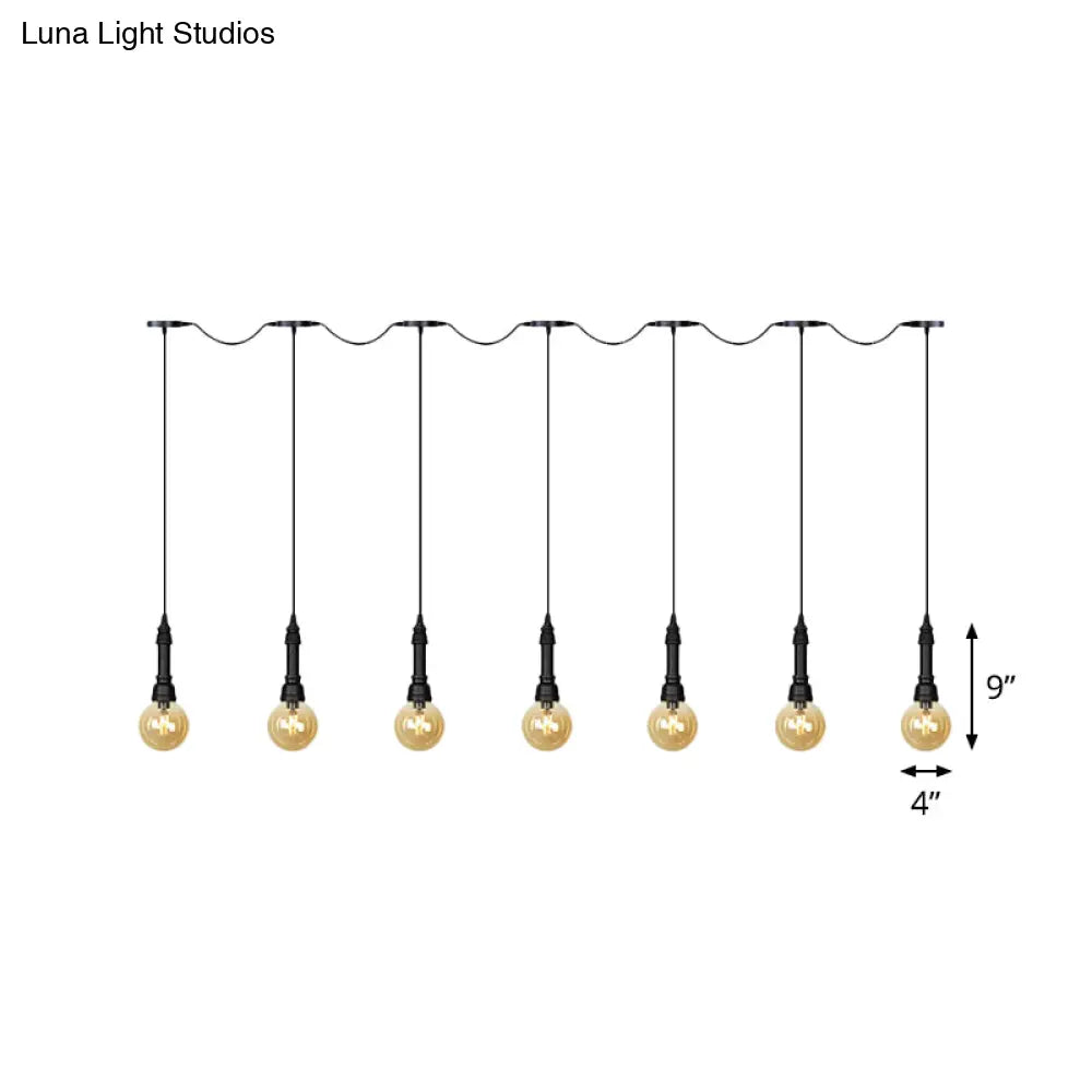 Vintage Amber Glass Ball Pendant Lamp In Black - Tandem Led Ceiling Light 3/5/7-Light Coffee House