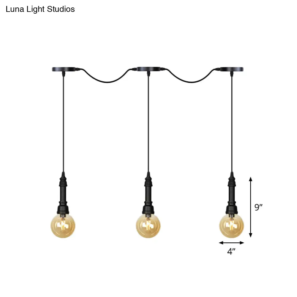 Vintage Amber Glass Ball Pendant Lamp In Black - Tandem Led Ceiling Light 3/5/7-Light Coffee House