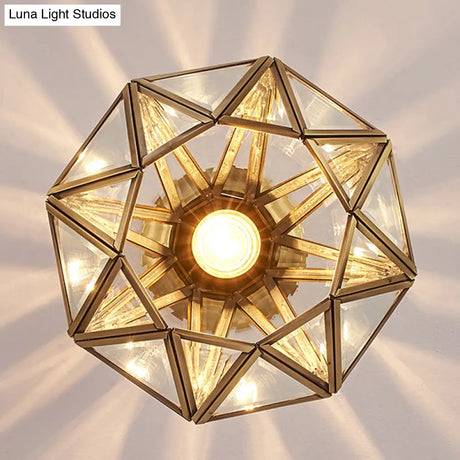 Vintage Amber Glass Diamond Flush Light With Brass Finish For Foyer Ceiling