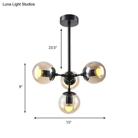 Vintage Amber Glass Orb Chandelier - 4-Light Black Ceiling Fixture For Dining Room