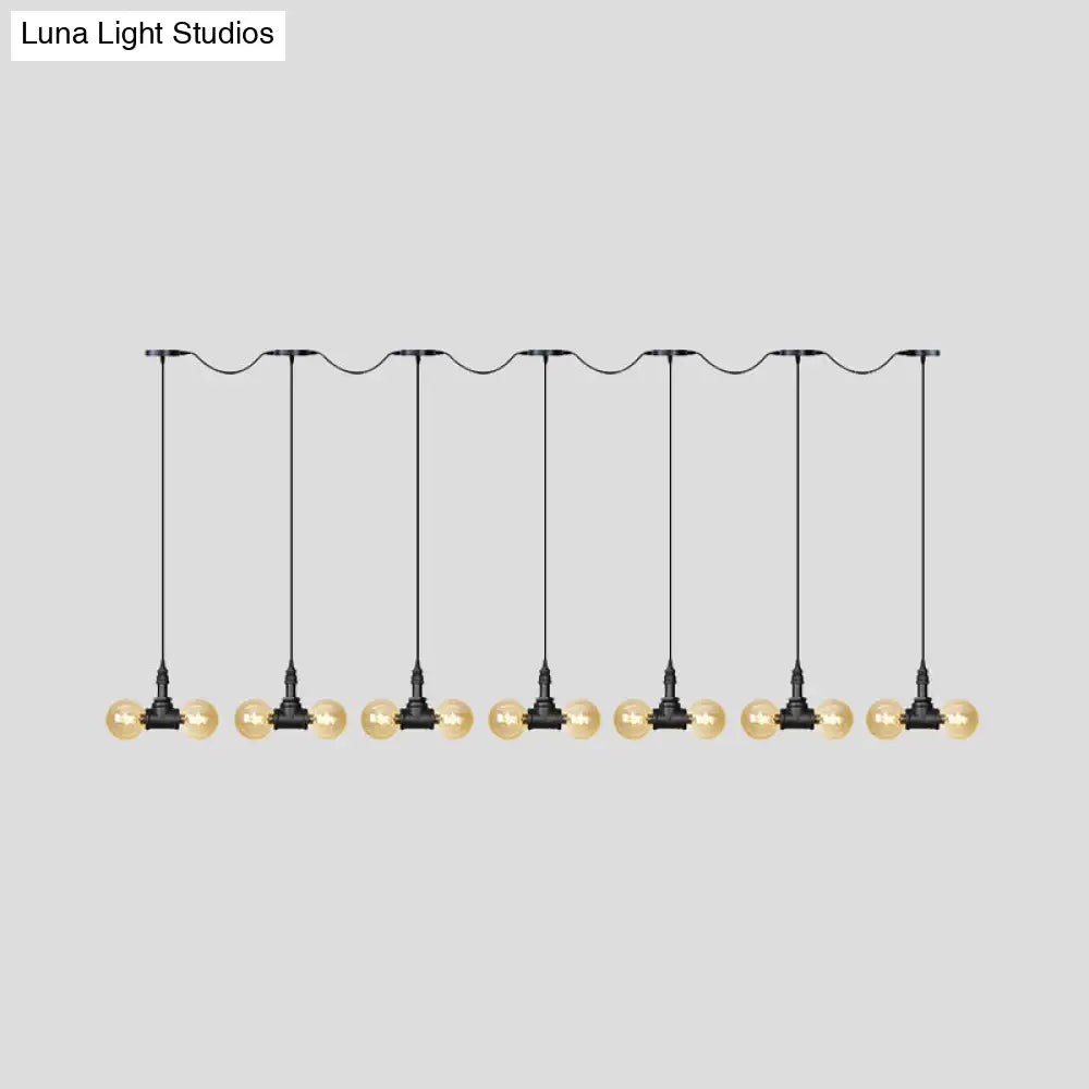 Vintage Amber Glass Pendant Lamp With Black Tandem Led And Multi-Head Design