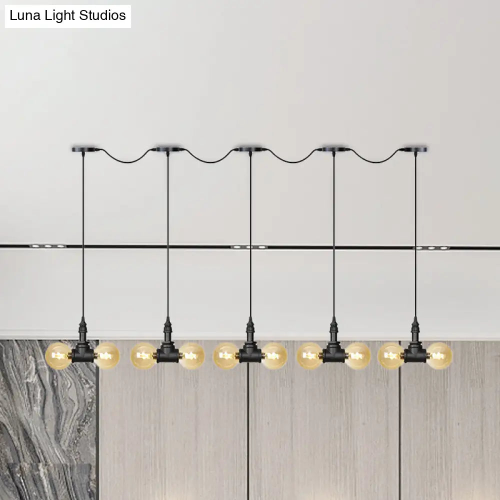 Vintage Amber Glass Pendant Lamp With Black Tandem Led And Multi-Head Design